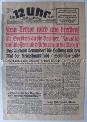 Titelblatt der Berliner Tageszeitung "Das 12 Uhr Blatt" mit dem Appell von Goebbels an die Berliner Bevölkerung angesichts der verstärkten Luftangriffe der Alliierten