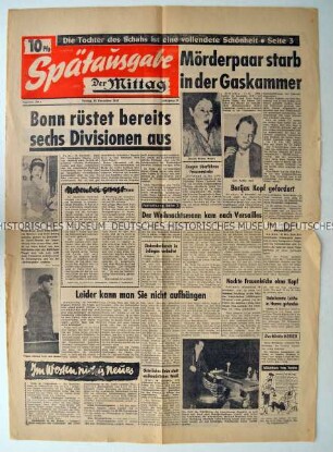 Titelseite der Spätausgabe der Tageszeitung "Der Mittag" zu Planungen einer gemeinsamen europäischen Verteidigungspolitik