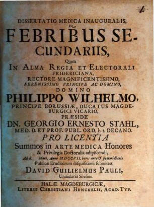Diss. med. inaug. de febribus secundariis