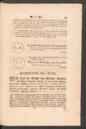 Adjunctum Nro XVIII. Wir Carl der Sechste von Gottes Gnaden ...