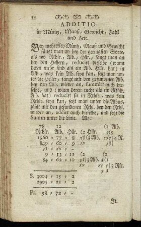 Additio in Müntz, Maaß, Gewicht, Zahl und Zeit. - Resolutio der grösseren Müntz, Maaß und Gewicht in die kleinere.