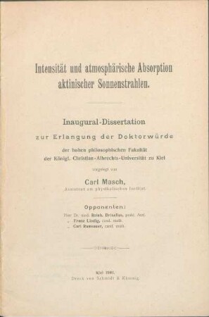 Intensität und atmosphärische Absorption aktinischer Sonnenstrahlen