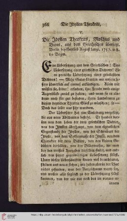 2: [Rezension von: Die Idyllen Theokrits, Moschus und Bions, aus dem Griechischen übersetzt. Berlin, 1757]