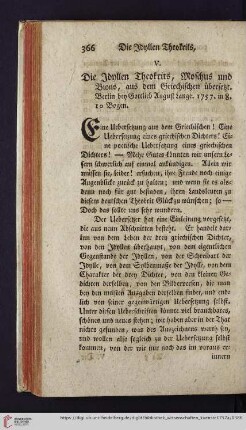 2: [Rezension von: Die Idyllen Theokrits, Moschus und Bions, aus dem Griechischen übersetzt. Berlin, 1757]