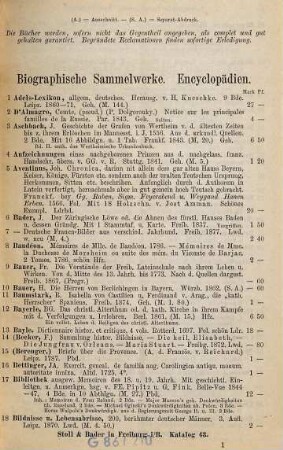 Katalog des Antiquarischen Bücherlagers von Stoll & Bader, vormals R. Bader & Co., Buchhandlung und Antiquariat für in- und ausländische Literatur, Freiburg in Baden. 43. 1882