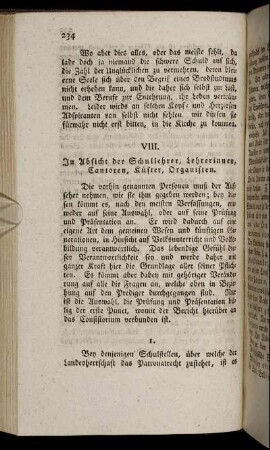 VIII. In Absicht der Schullehrer, Lehrerinnen, Cantoren, Küster, Organisten.