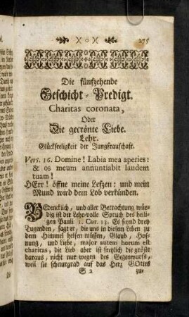 275-285, Die fünfzehende Geschicht-Predigt. Charitas coronata, Oder Die gecrönte Liebe.