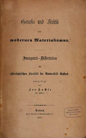 Genesis und Kritik des modernen Materialismus : Inaugural-Dissertation