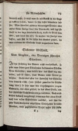 Siebenter Abschnitt. Vom Vergüten, oder Vereinigen schwacher Schwärme