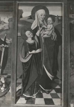 Ehemaliger Hochaltar (Stiftung 1503), linker Flügel (2. Wandlung) mit Anna selbdritt (Mitte). Pfarrkirche, Bützow