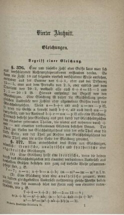 Vierter Abschnitt. Gleichungen. Gleichungen vom ersten und zweiten Grade.