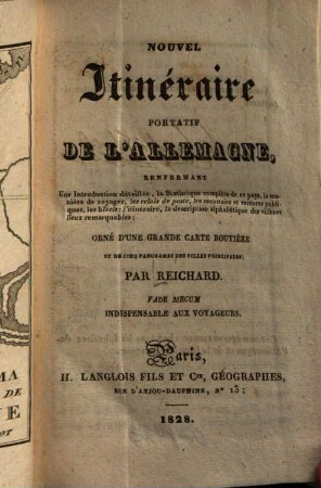 Nouvel Itinéraire portatif de l'Allemagne : ... ; orné d'une grande carte routière et de cinq panoramas des villes principales