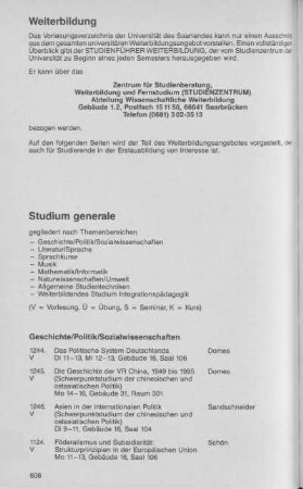 Studium generale/Sprachkurse/Kontaktstudien/Fernstudium/Universitätssport