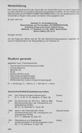 Studium generale/Sprachkurse/Kontaktstudien/Fernstudium/Universitätssport