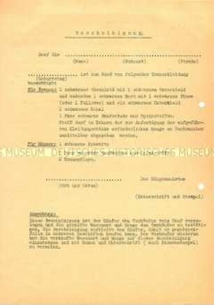 Vordruck einer Bescheinigung für den Kauf von Trauerkleidung (blanko)