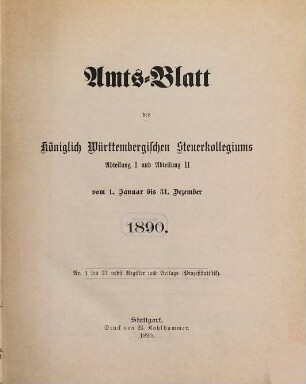 Amtsblatt des Württembergischen Steuerkollegiums. 1890