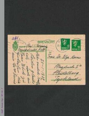 Postkarte von Christine Bonnevie an Elga Kern, hs.
