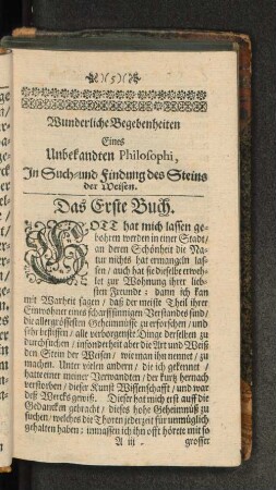 Wunderliche Begebenheiten Eines Unbekandten Philosophi, In Such- und Findung ...