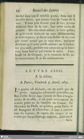 Lettre CXXXI. A la même. A Paris, Vendredi 8. Avril, 1672