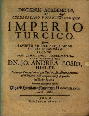 Discursus acad. de celeberrimo potentissimoque imperio Turcico