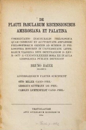 De Plauti fabularum recensionibus Ambrosiana et Palatina