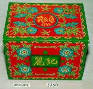 Blechdose für Tee? "R und Co. 1745" (Abbildung floraler Ornamente auf rotem Fond)
