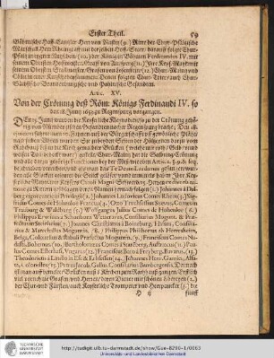 Artic. XV. Von der Crönung deß Röm: Königs Ferdinandi IV. ...