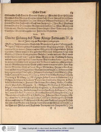 Artic. XV. Von der Crönung deß Röm: Königs Ferdinandi IV. ...