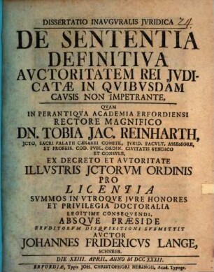 Diss. inaug. iur. de sententia definitiva, auctoritatem rei iudicatae in quibusdam causis non impetrante