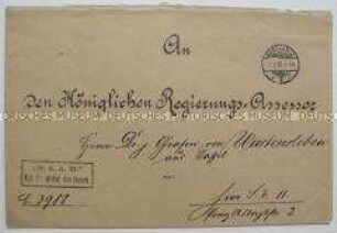 Briefumschläge (2) des Königlich Preußischen Ministeriums des Innern, gerichtet an Regierungsassessor Dr. Graf von Wartensleben; Berlin, 1906-1908