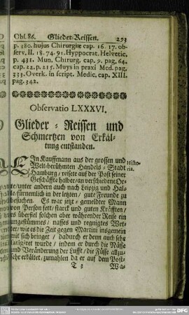 Observatio LXXXVI. Glieder-Reissen und Schmertzen von Erkältung entstanden