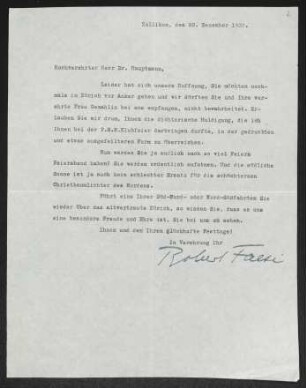 Brief von Robert Faesi an Gerhart Hauptmann
