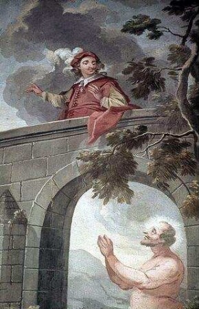 Ein Heiliger im Wasser, der zu einem vornehm gekleideten Mann auf einer Brücke heraufschaut