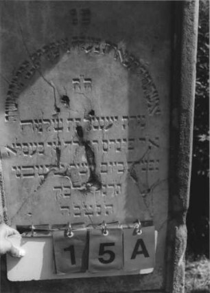 Grabstein 15 (Index: 100113800) Zustand: leicht beschädigt Maße HxBxT: 161x60x28 cm Beschreibung: Stele mit Spitzgiebel und Giebelaufsatz, vertiefter Textteil: Grabstein 15A