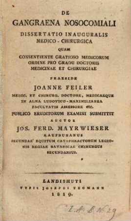 De gangraena nosocomiali : Diss. inaug.