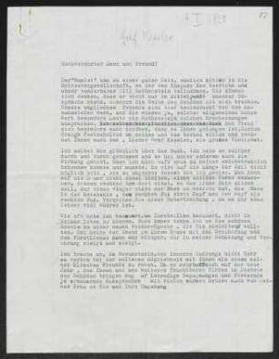 Brief von Gerhart Hauptmann an Harry Kessler
