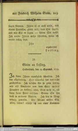 38. Gleim an Lessing. Halberstadt, den 13. Septemb. 1759