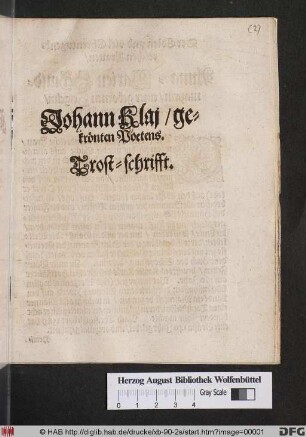 Johann Klaj/ gekrönten Poetens Trost-schrifft