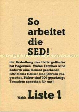 Propagandaschrift der SED mit Abbildungen vom Bau einer Neubauernsiedlung, verbunden mit Wahlaufruf