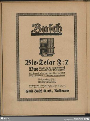 Werbung: Busch Das Objektiv für die Kunst-Werkstatt und den Liebhaber-Fotografen, Emil Busch A.G. Rathenow