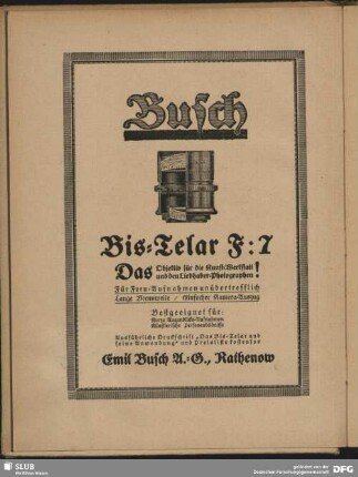 Werbung: Busch Das Objektiv für die Kunst-Werkstatt und den Liebhaber-Fotografen, Emil Busch A.G. Rathenow