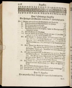 Das I. Ordnungs-Register Der Predigten und Materien so in diesem IV. Theil abgehandelt.