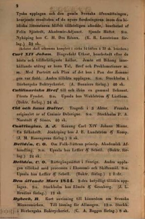 Svensk litteratur bulletin : förteckning öfver alla nya utkomma böcker, musikalier, gravyrer. 1844