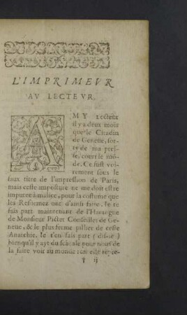 L`Imprimeur au Lecteur.