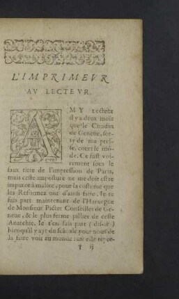 L`Imprimeur au Lecteur.