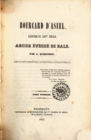 Bourcard d'Asuel : Légende du XIIIme siècle. Ancien évêché de Bale, 1