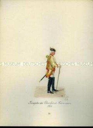 Uniformdarstellung, Trompeter des Kürassier-Regiments Kurfürst, 1764. Aus: Sammelmappe "Sachsens Militär", Königliche Arsenalsammlung.