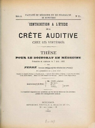Contribution à l'étude de la crête auditive chez les vertébrés : Thèse ...