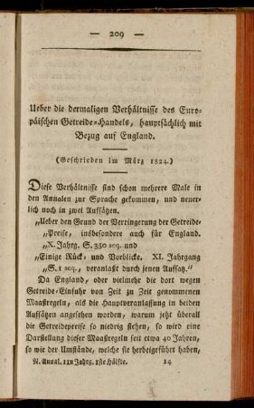Ueber die dermaligen Verhältnisse des Europäischen Getreide-Handels, hauptsächlich mit Bezug auf England