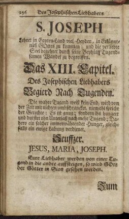 S. Joseph [...]. Das XIII. Capitel. Des Josephischen Liebhabers Begierd Nach Tugenden.